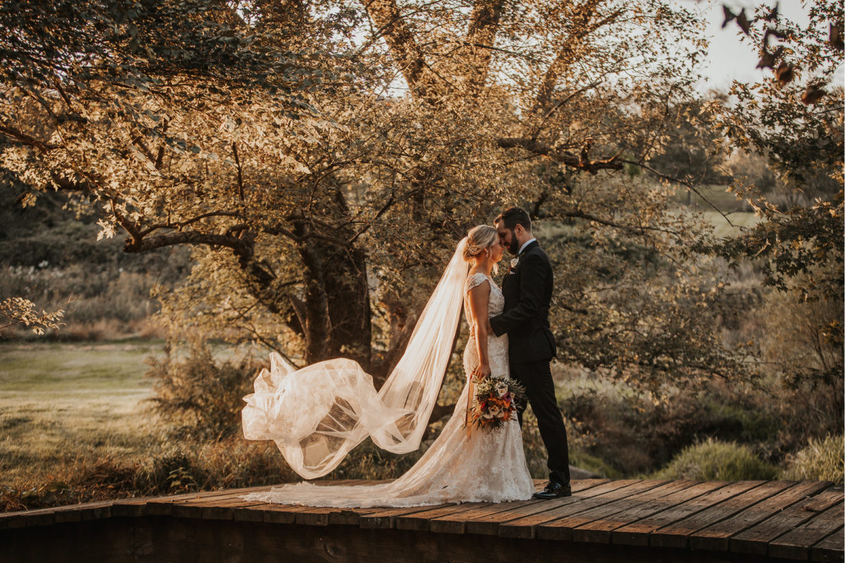 Bridal Couple Embracing on Bridge, Veil Blowing in the Wind