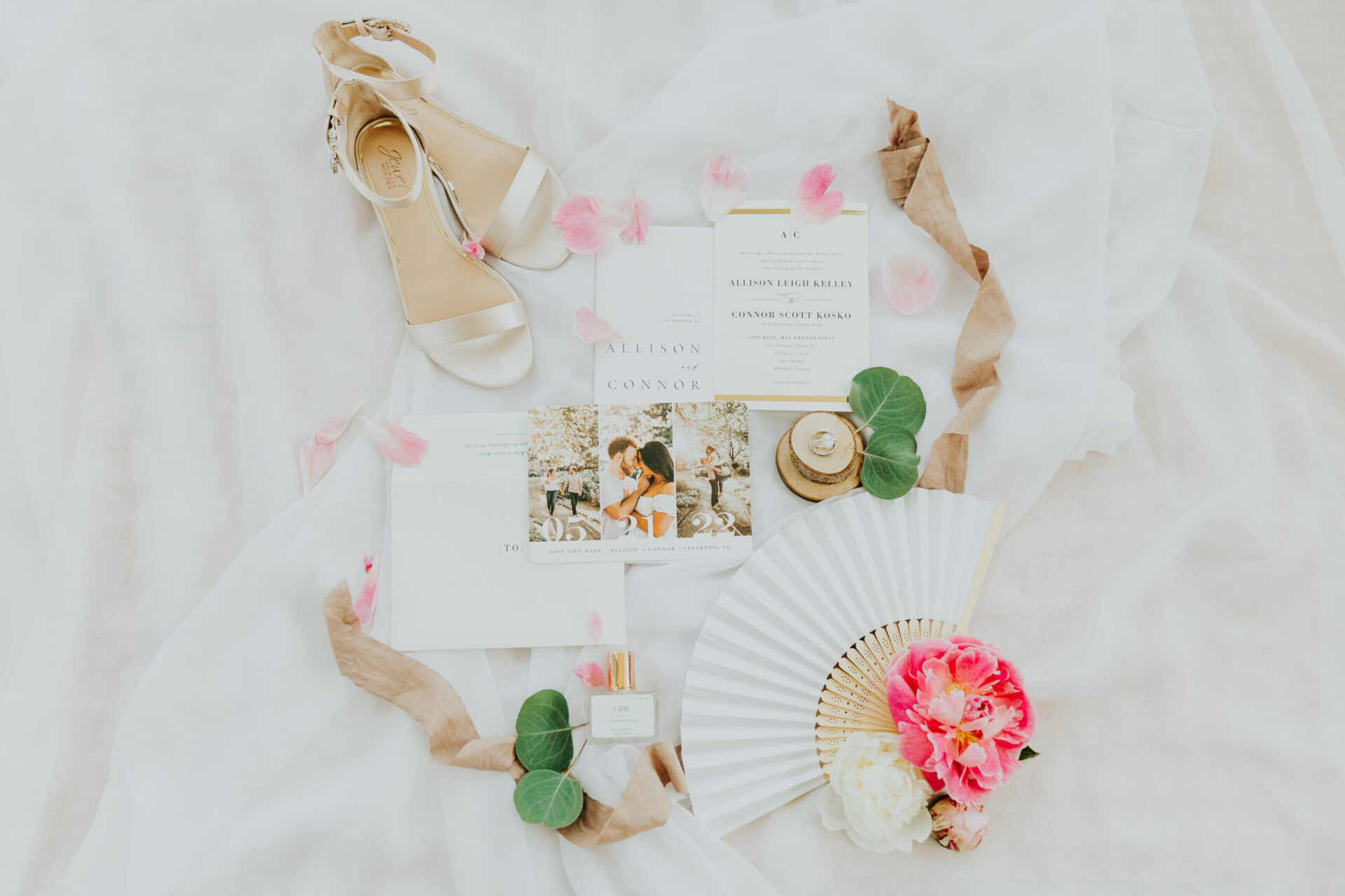 Zion Springs wedding invitation and save-the-date with fan and shoes