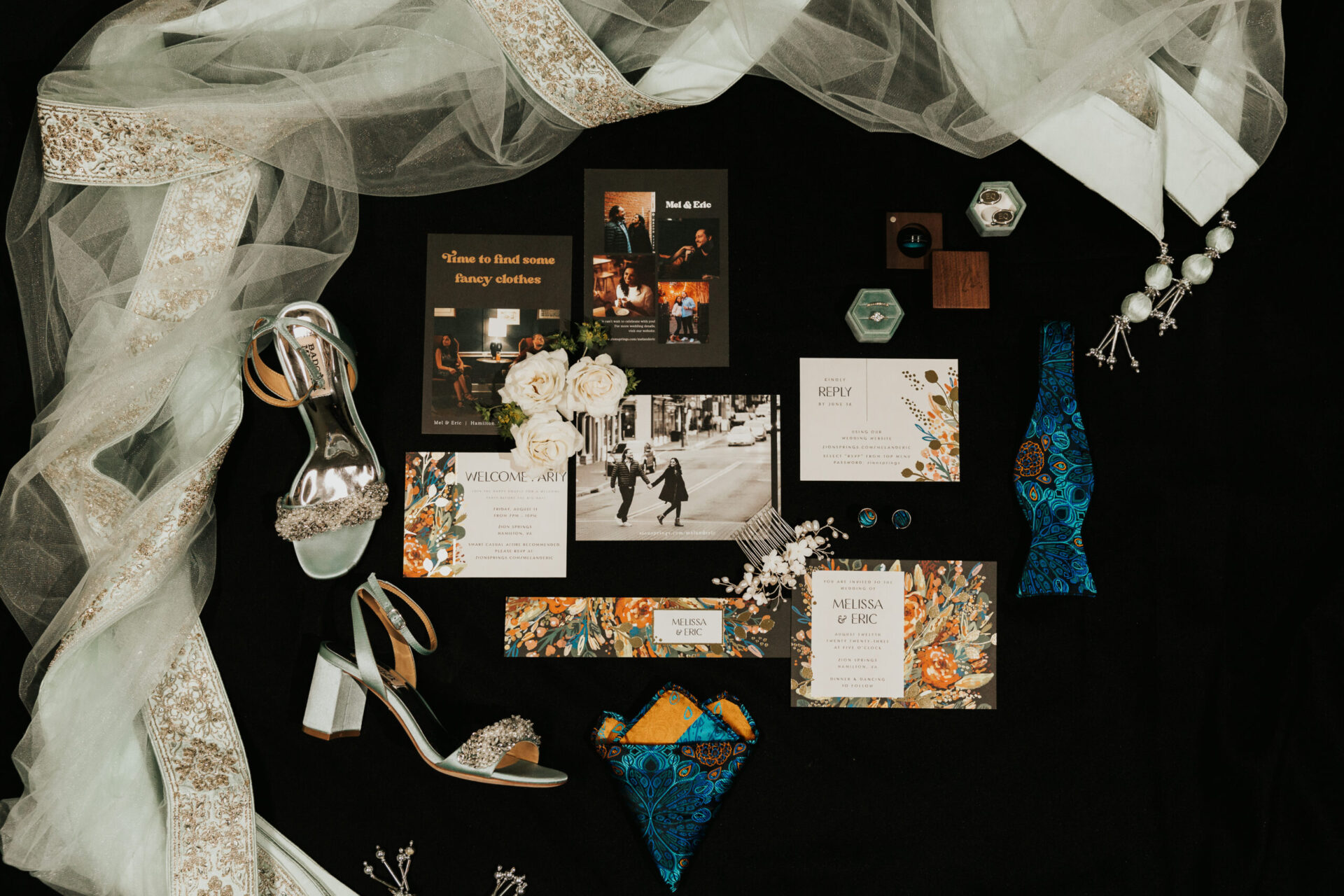 wedding save-the-date, invitation, veil arrangement