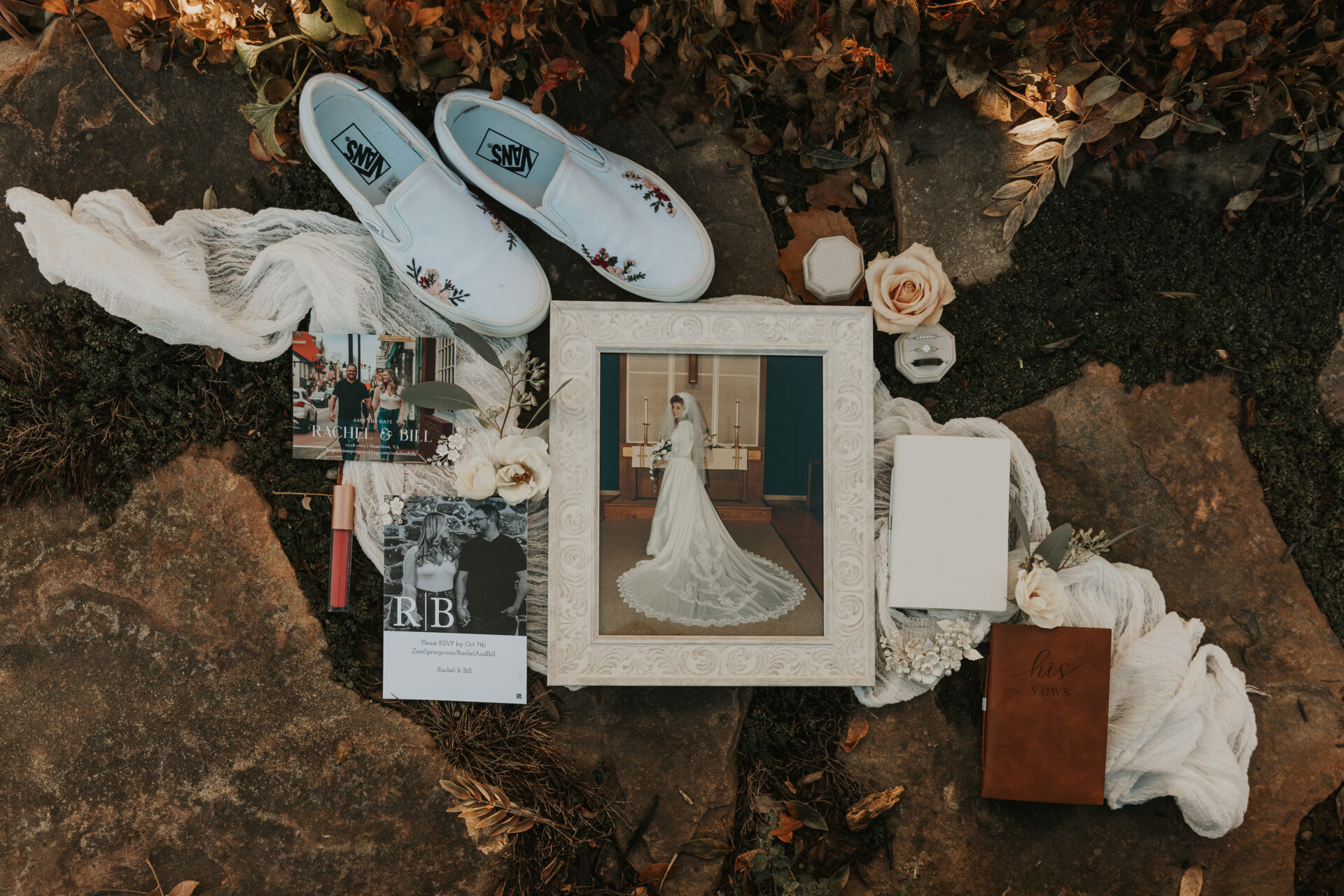 collage wedding invitation with shoes, heirlooms, memories