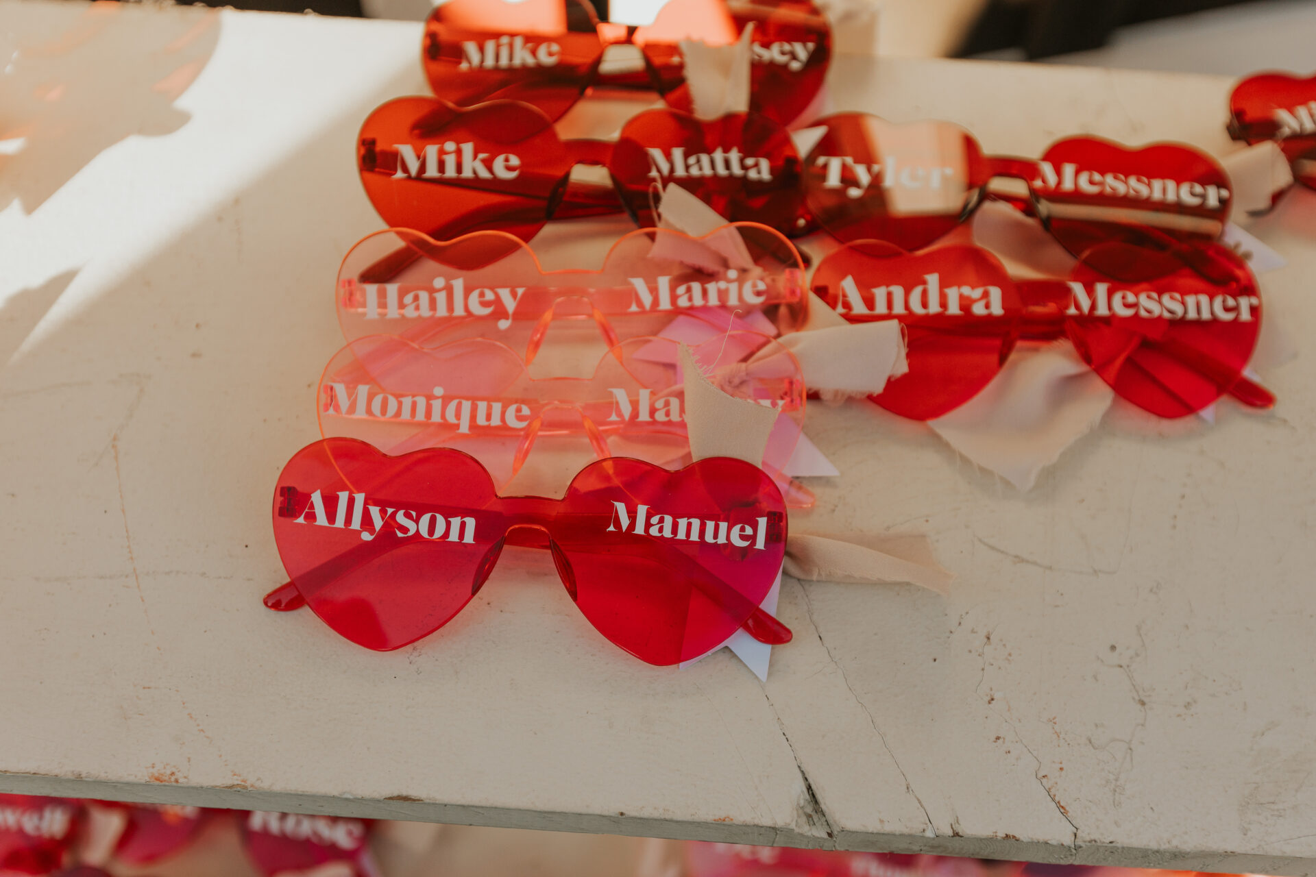 sunglasses for wedding guests with names printed on glass