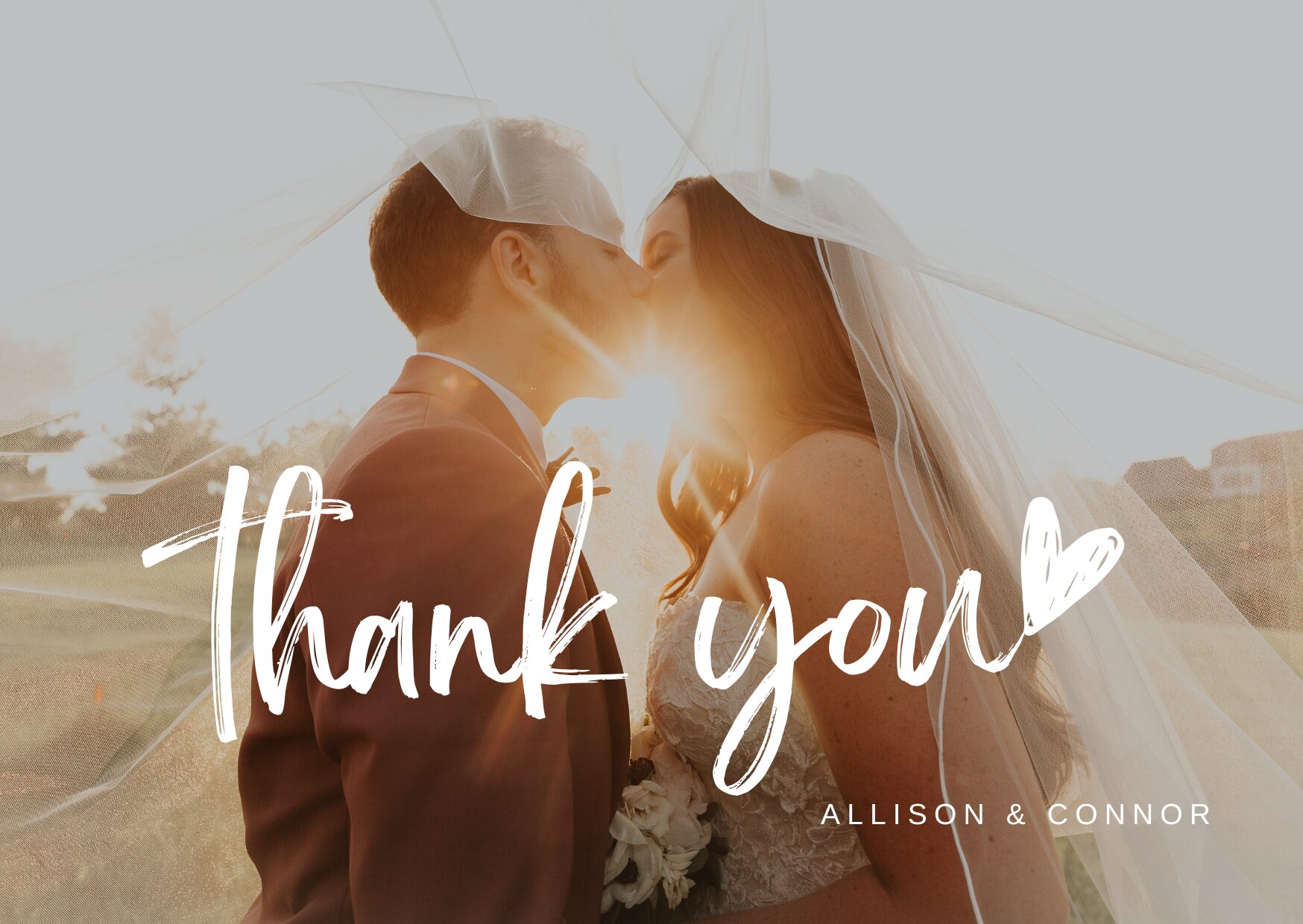 thank you card with bridal couple and sunlit background