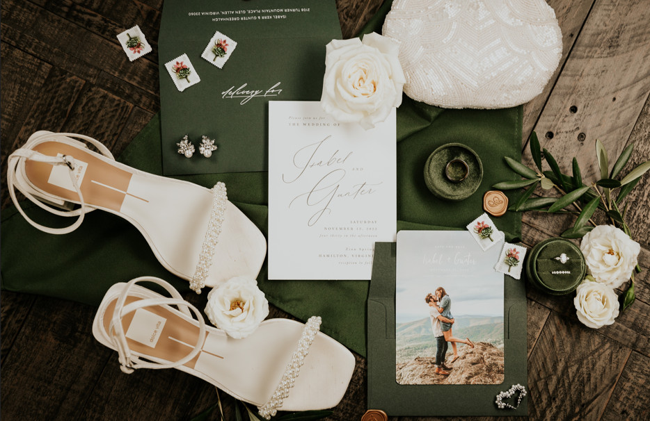 Wedding announcement with shoes, rings, accessories