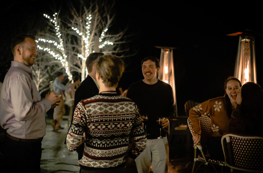 Zion Springs wedding rehearsal party with heat lamps and lit trees