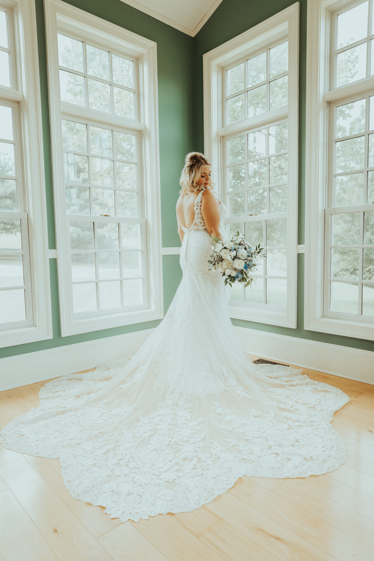 bride in sunlit room