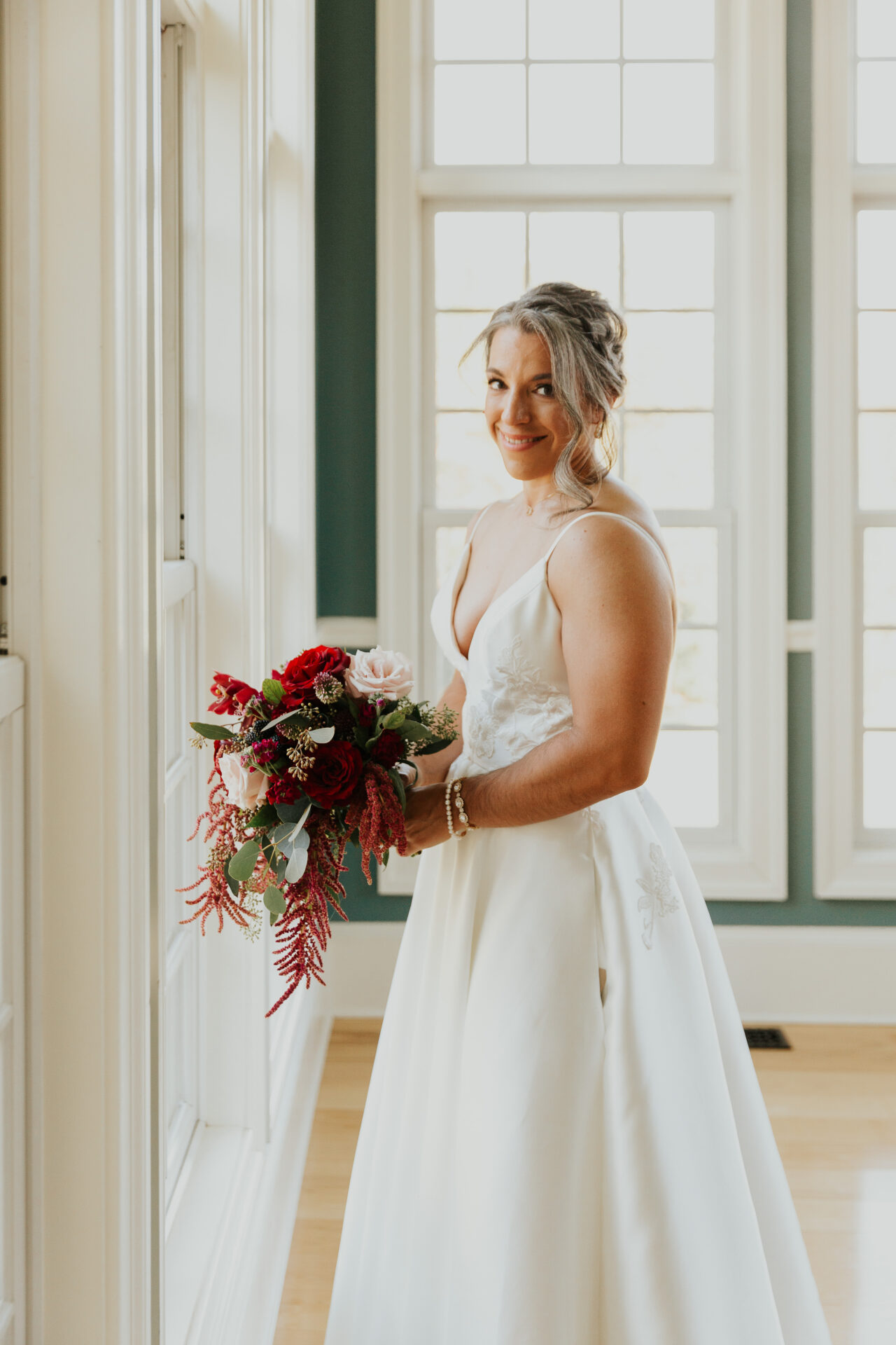 bride, red bouquet, music room, Zion Springs