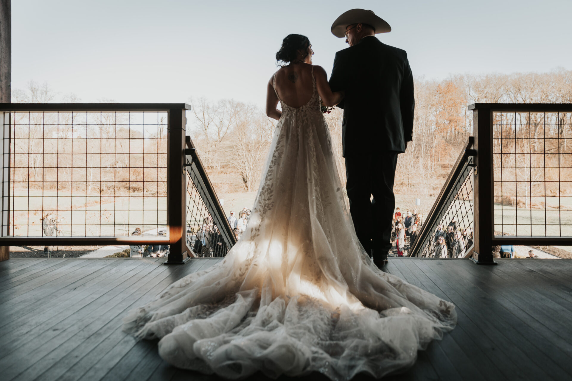 bride, father of the bride, cowboy hat, rustic barn wedding