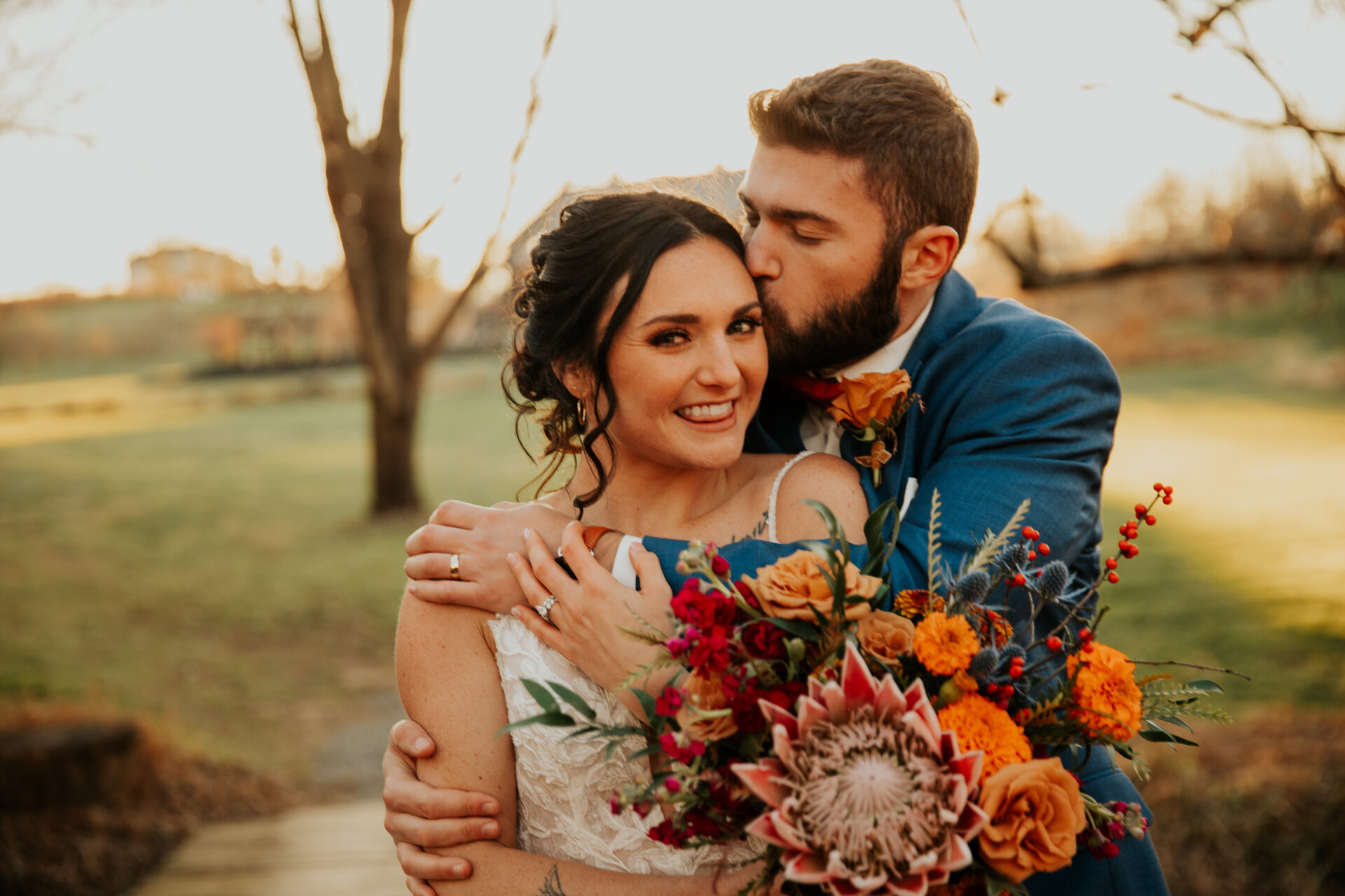 bride, groom, king protea, rustic wedding