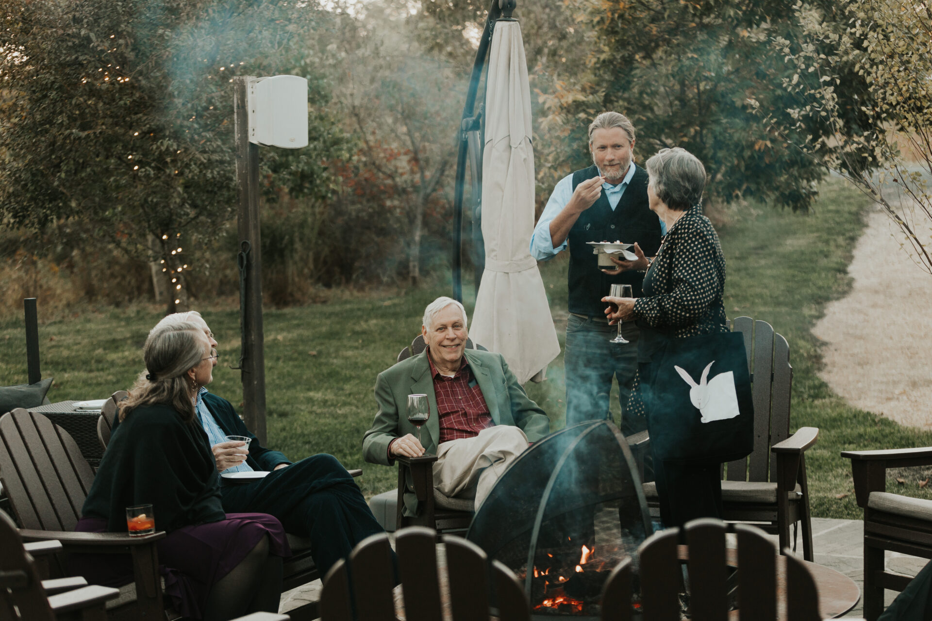 wedding rehearsal, late fall, fire pit, wine