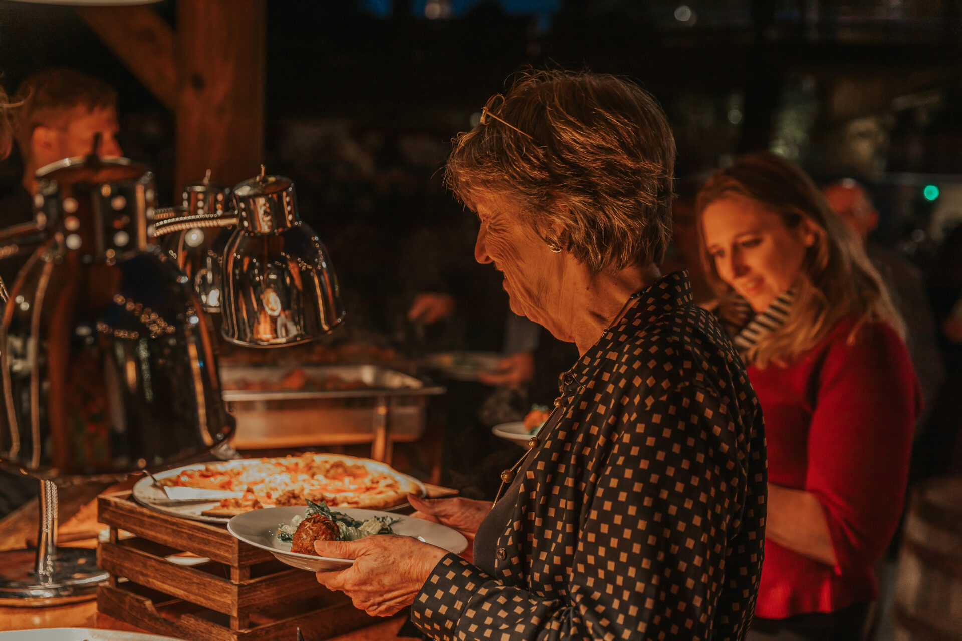 buffet, wedding rehearsal dinner, pizza, rustic barn, evening lights