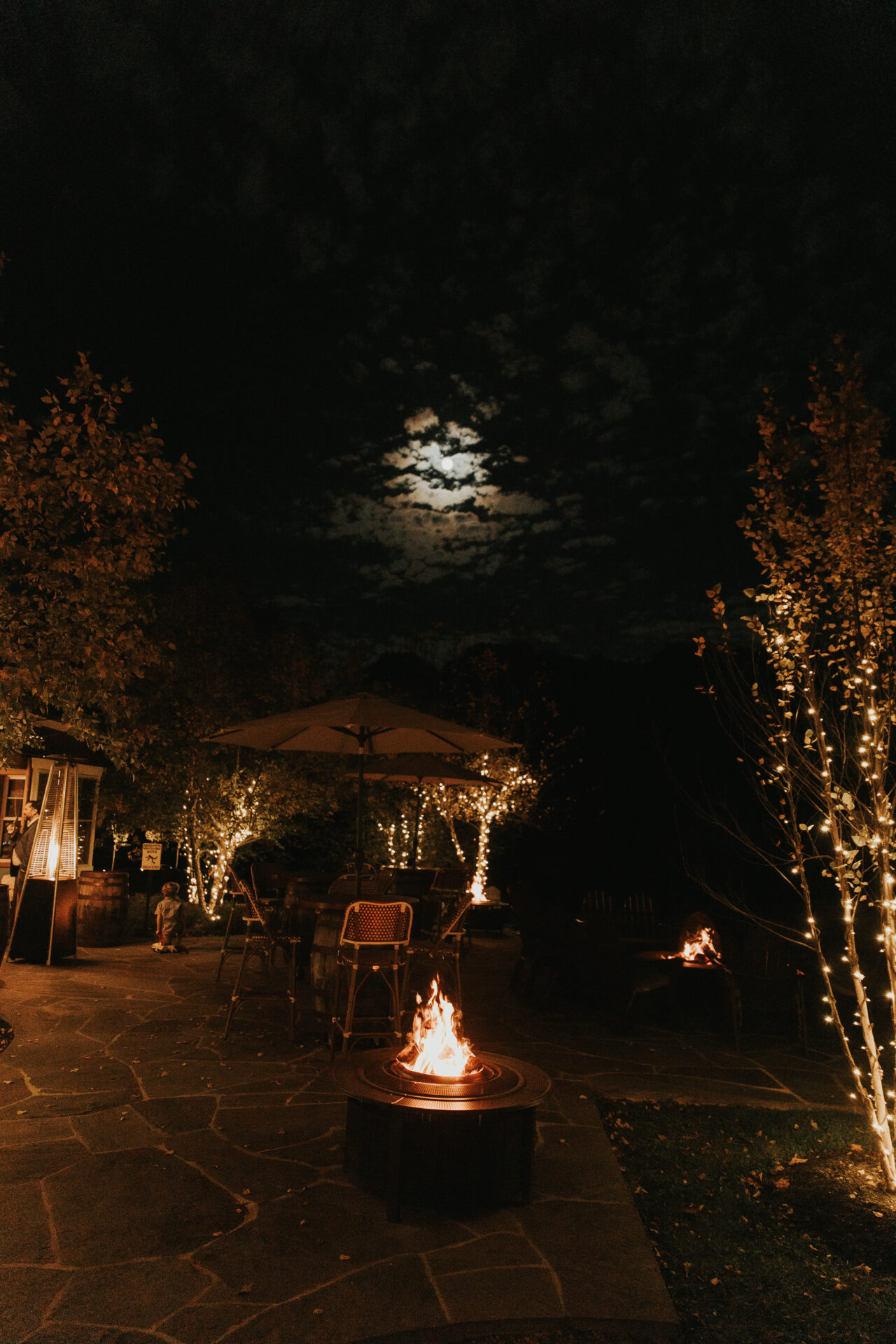 full moon, firepit, evening lights,