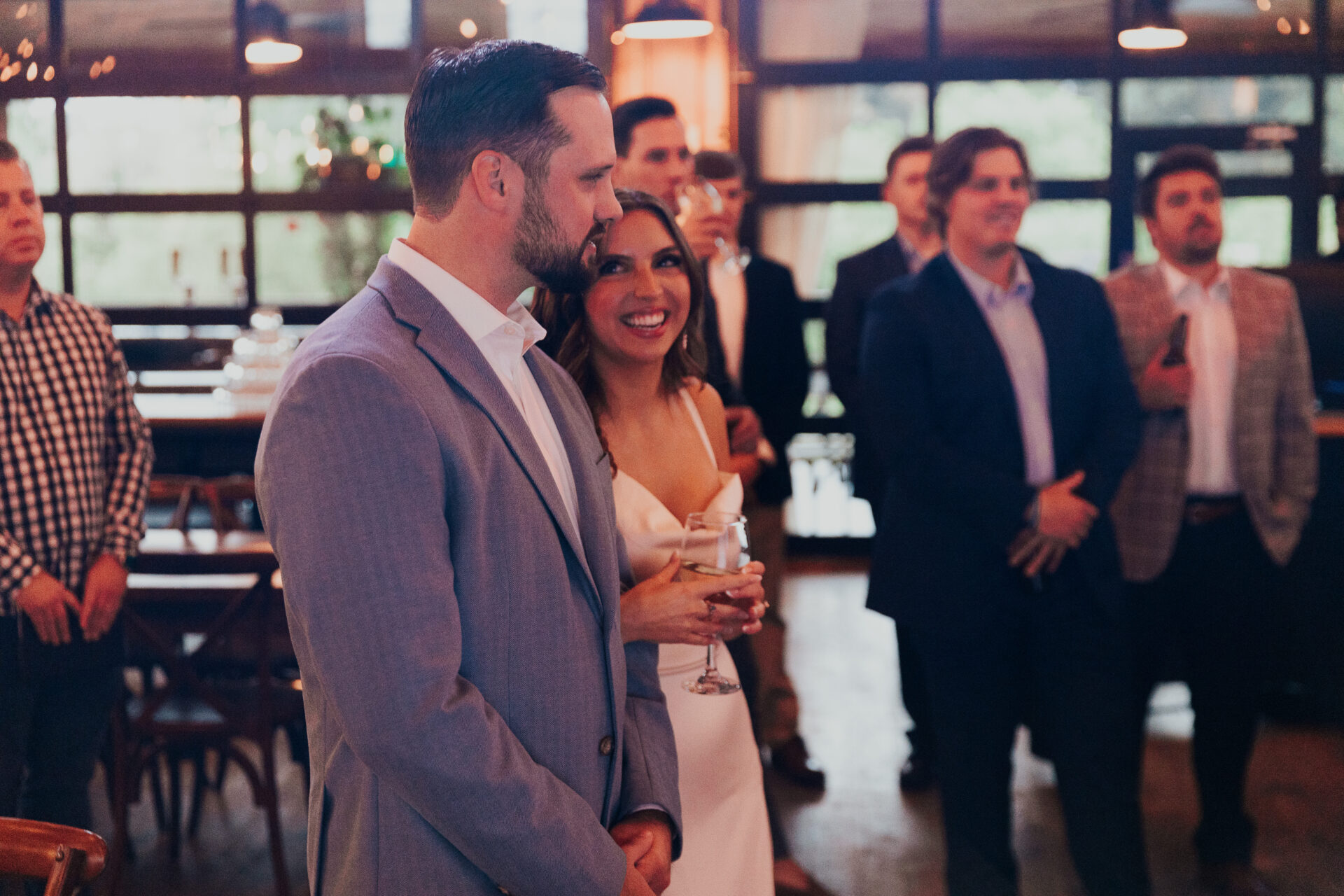 wedding rehearsal, rustic barn, bride, groom, guests