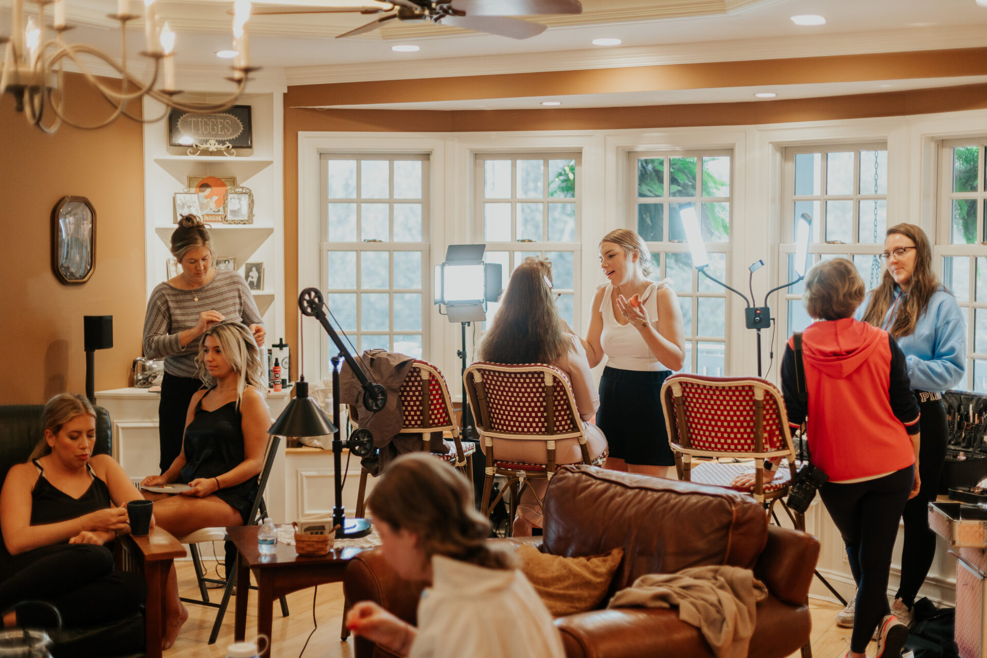 bride, bridesmaids, getting ready, pre-ceremony, manor house