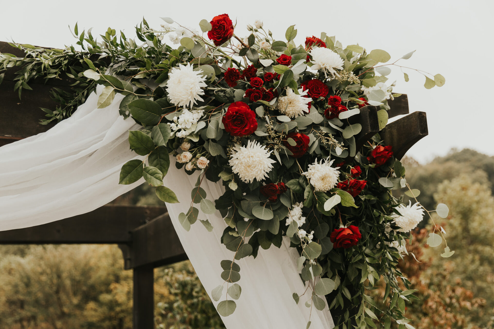 roses. eucalyptus, pergola, bridal flowers, bouquets, florals, white veil