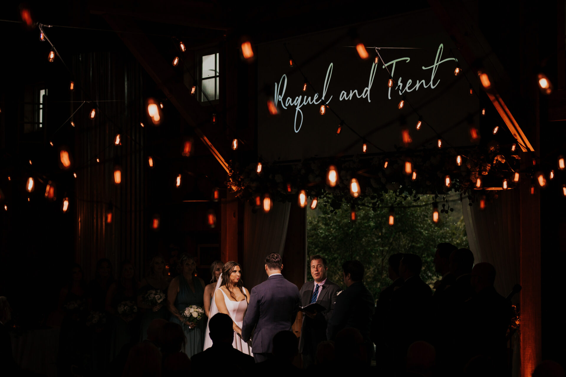 wedding ceremony, rustic barn, twinkling lights