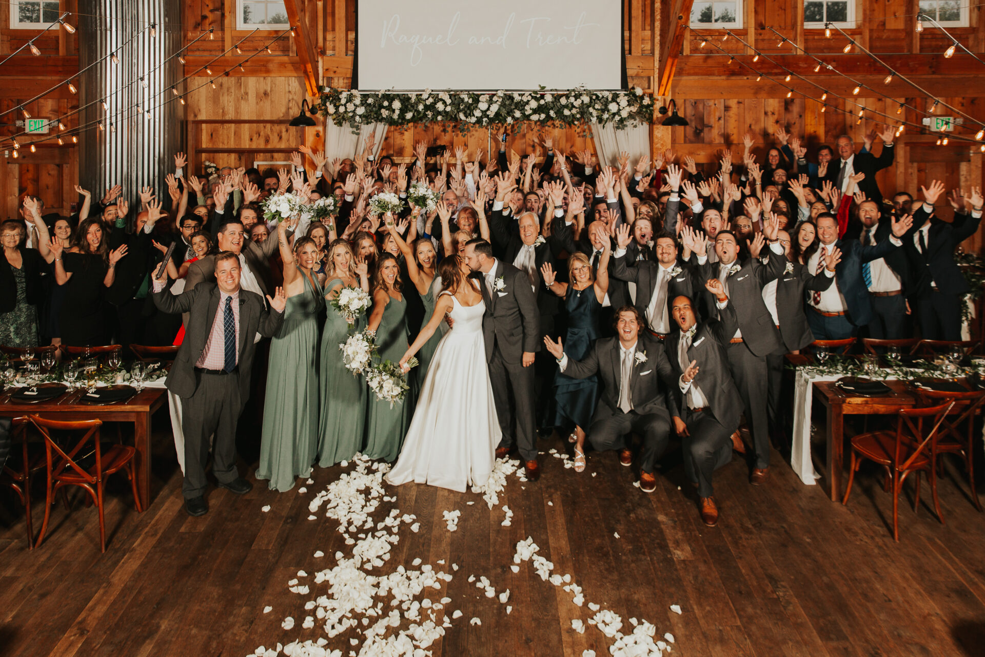 bride, groom, wedding party, wedding ceremony, rustic barn