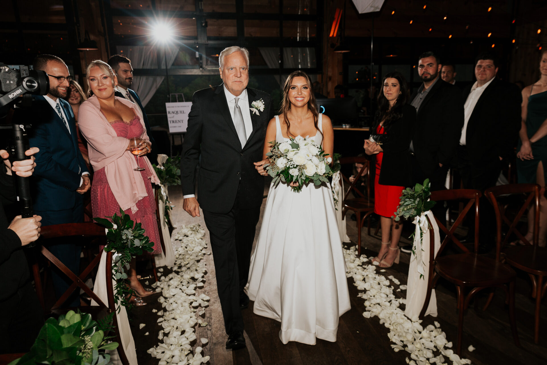 bride, father of the bride, walking down the aisle, rustic barn