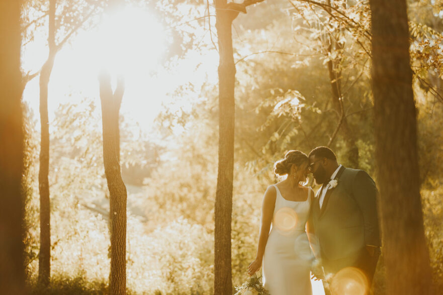 bride groom sun streaming through walnut tree forest