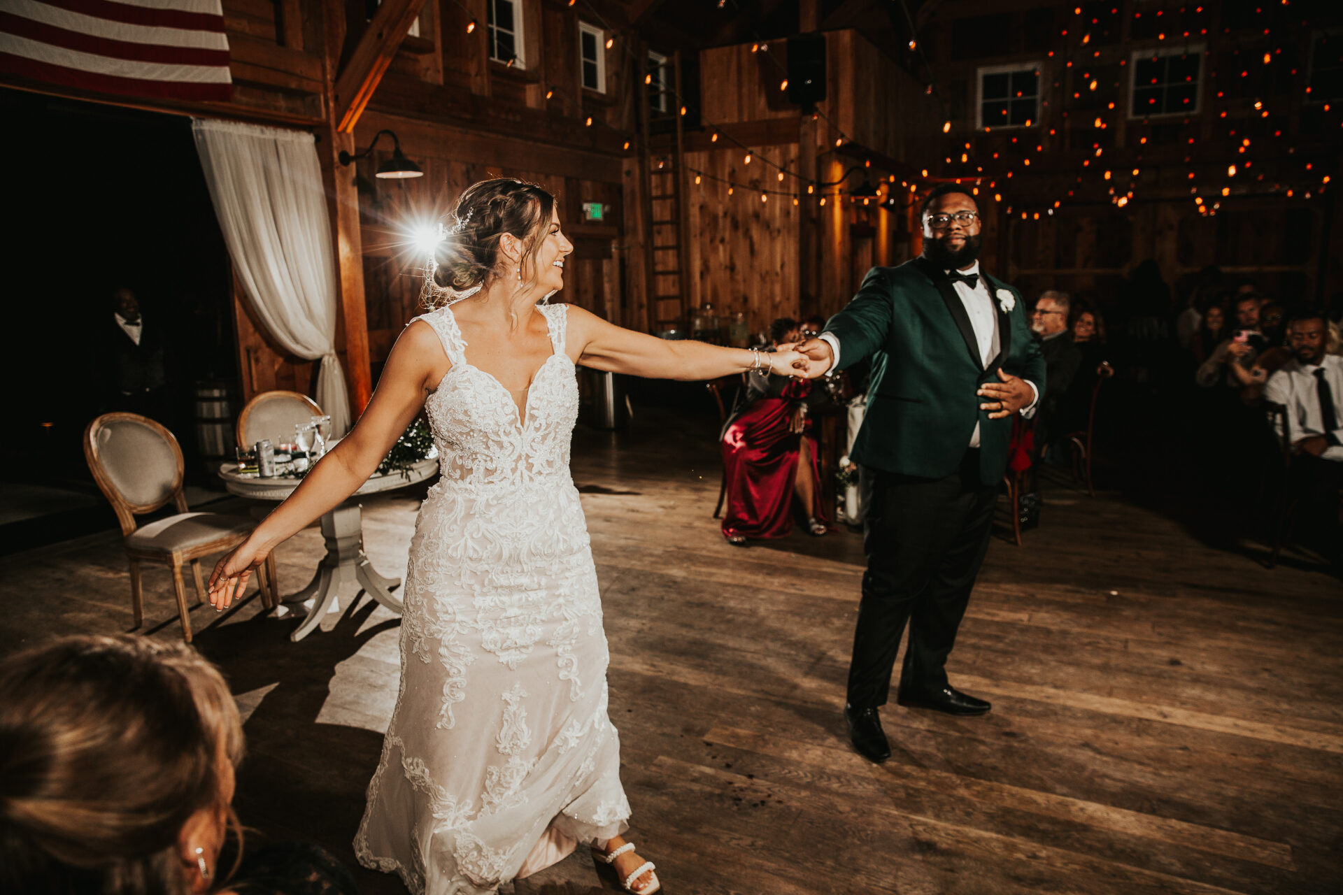 first dance, bride, groom, rustic barn