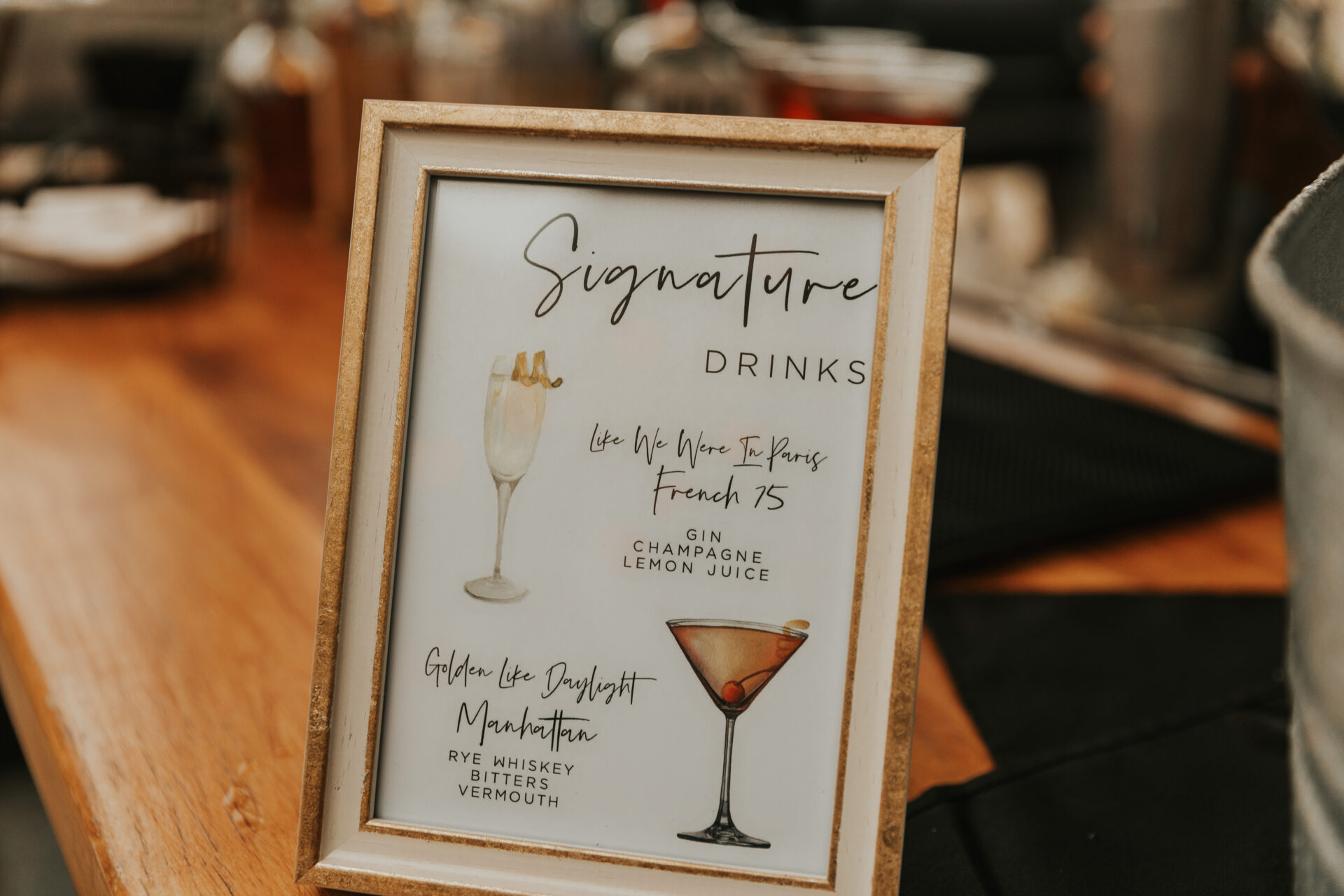 signature drinks, cocktails, wedding reception