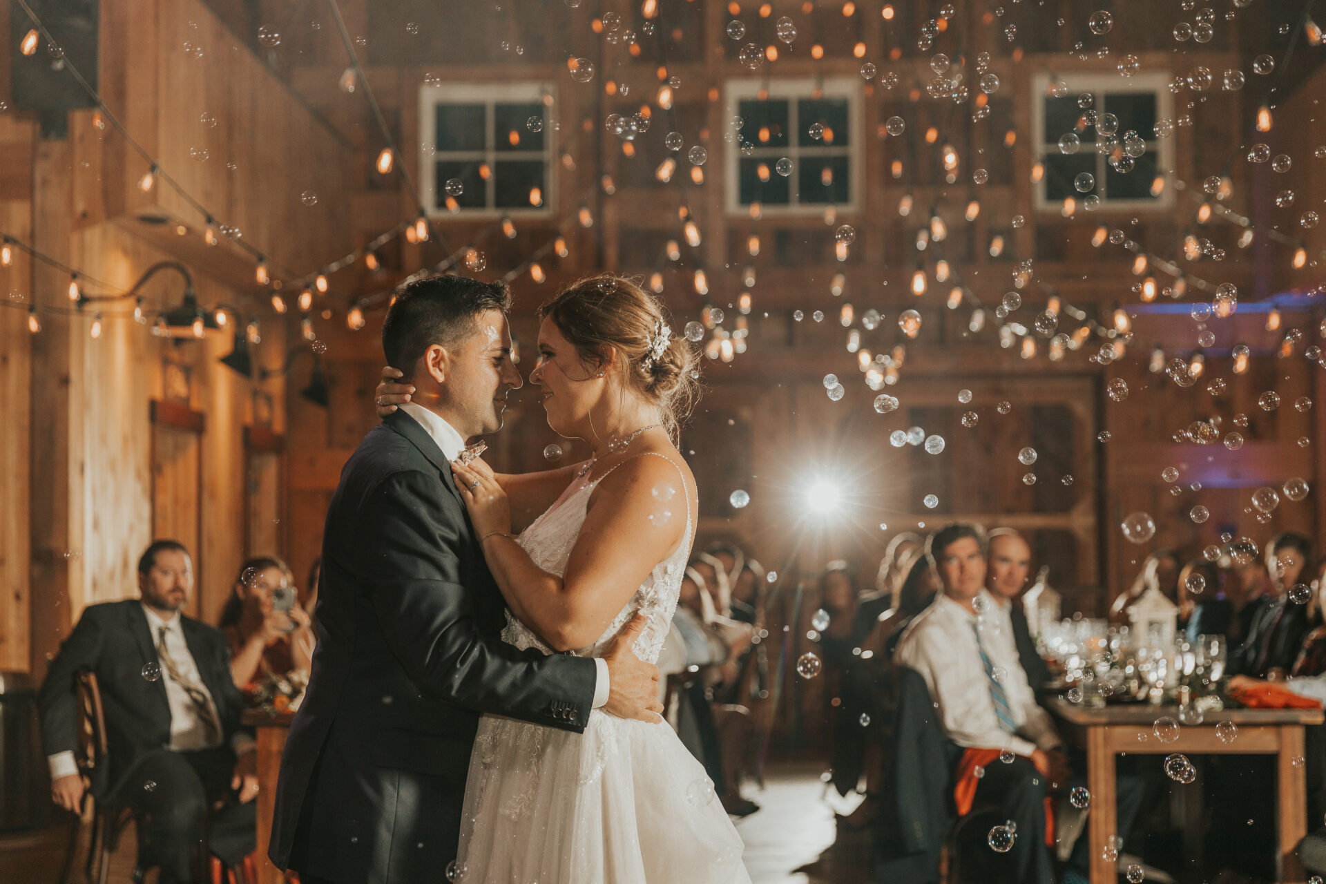 bride, groom, rustic barn, first dance