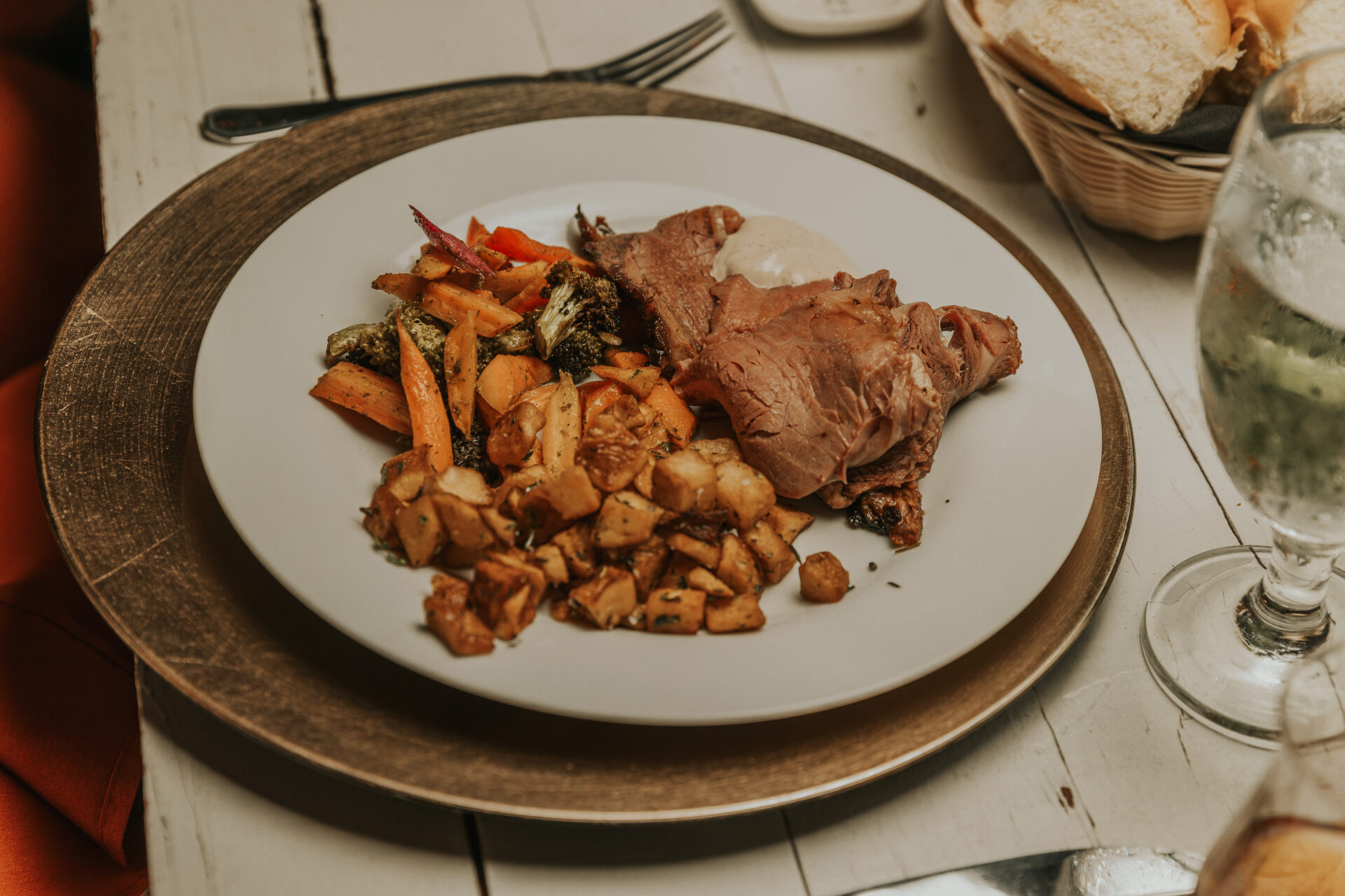 prime rib, carrots, vegetable medley, rustic