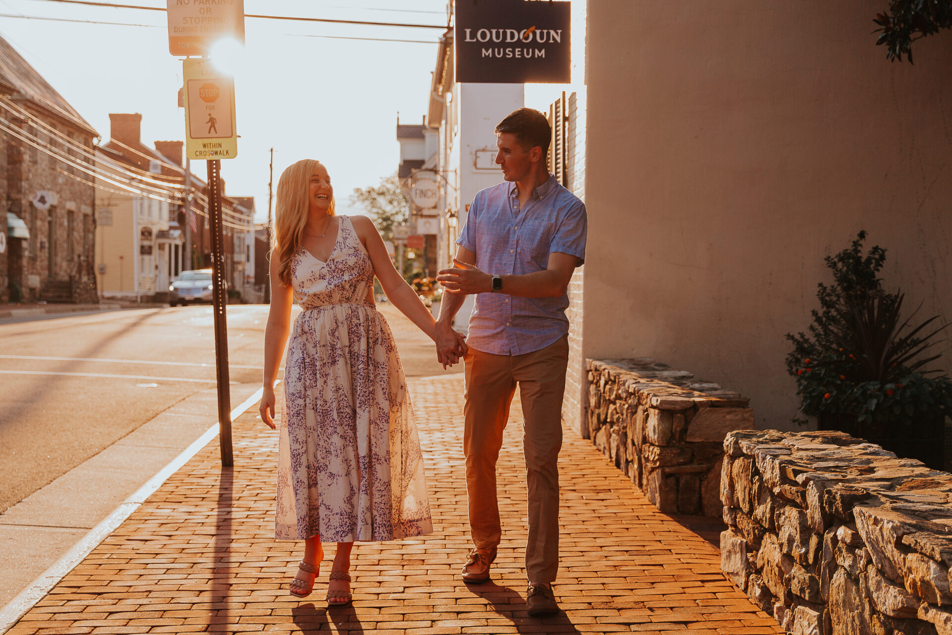 engaged couple, setting sun, Loudoun County, Leesburg, street, brick sidewalk